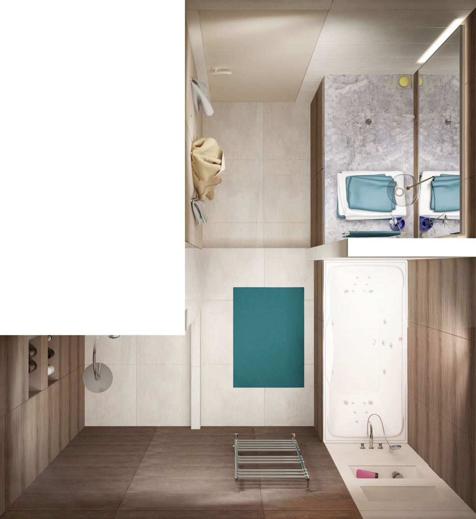 Дизайн-проект ванной 7 кв.м в древесных тонах с белыми оттенками, зеркало, бежевая тумба, сушилка, душевая кабина, раковина